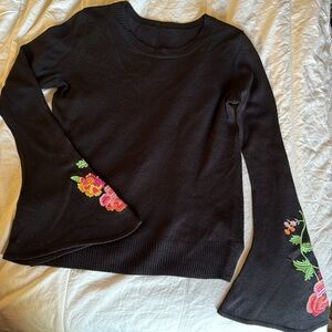 Faded Glory Sweater, Black Soot Color, Embroidered Flower Bell Sleeves. Size S